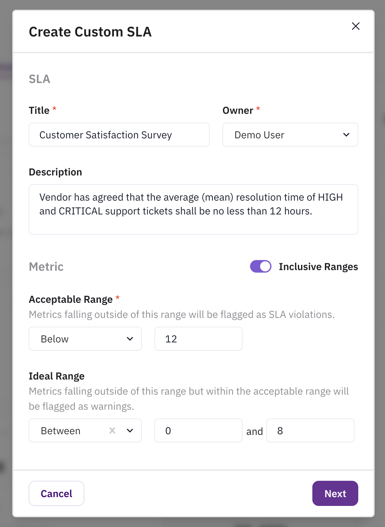 Create custom SLA modal, page 1